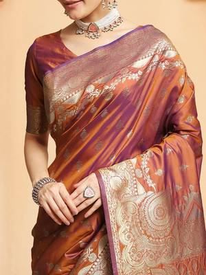 Rust ethnic motifs woven design kanjeevaram saree 5