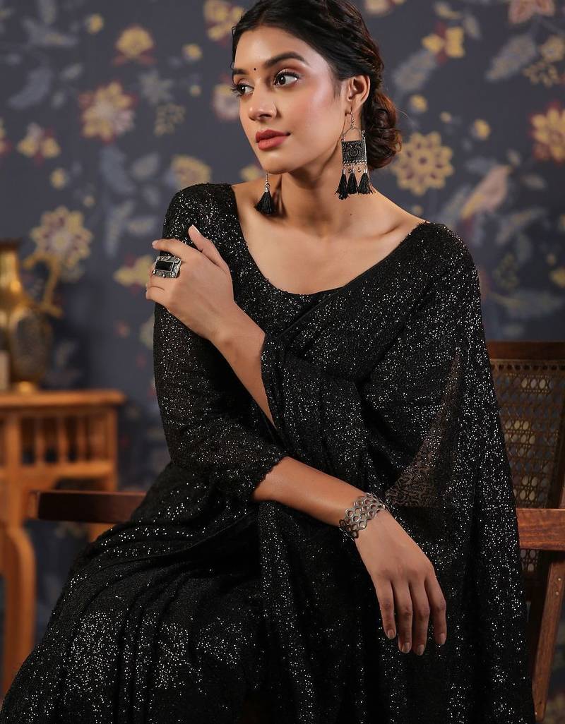 Black blooming fully sequined saree with classic unstitched blouse