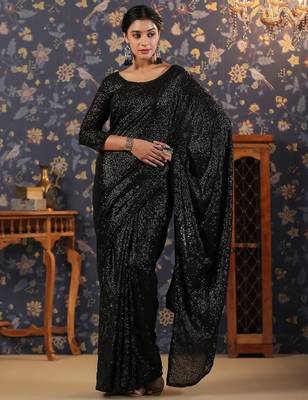 Black blooming fully sequined saree with classic unstitched blouse 2