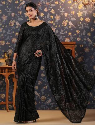Black blooming fully sequined saree with classic unstitched blouse 3