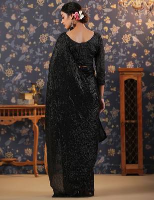 Black blooming fully sequined saree with classic unstitched blouse 4