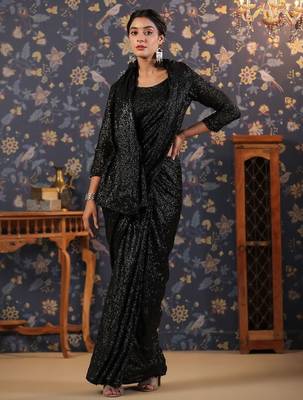 Black blooming fully sequined saree with classic unstitched blouse 5