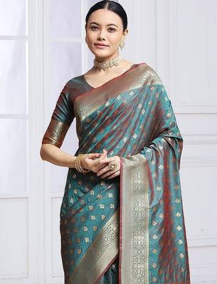Teal woven design kanjeevaram saree with blouse piece 1