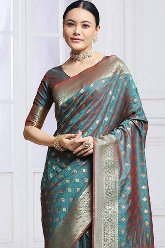 Teal woven design kanjeevaram saree with blouse piece