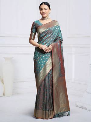 Teal woven design kanjeevaram saree with blouse piece 2