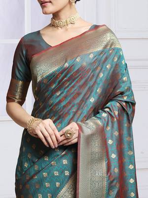 Teal woven design kanjeevaram saree with blouse piece 5
