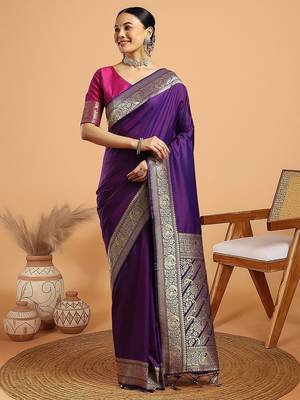 Purple woven design zari kanjivaram saree with unstitched blouse 1