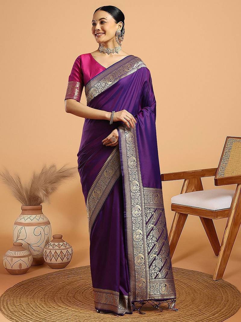 Purple woven design zari kanjivaram saree with unstitched blouse