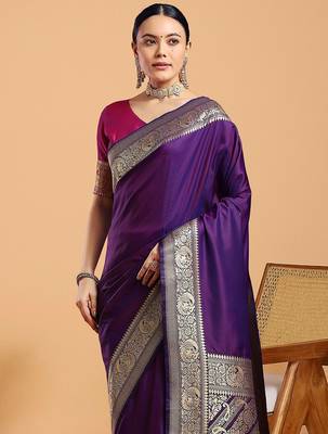 Purple woven design zari kanjivaram saree with unstitched blouse 4