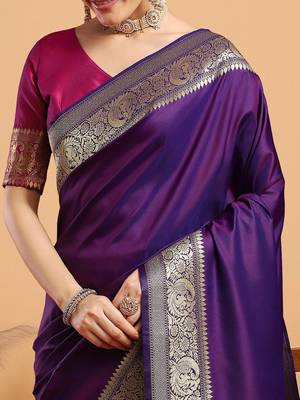 Purple woven design zari kanjivaram saree with unstitched blouse 5