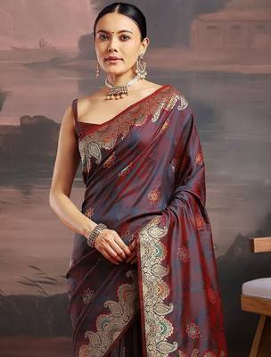 Maroon ethnic motifs woven design kanjeevaram saree 1