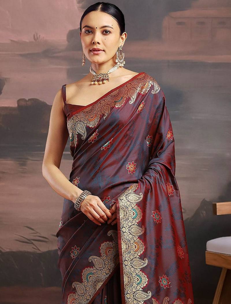 Maroon ethnic motifs woven design kanjeevaram saree