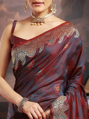 Maroon ethnic motifs woven design kanjeevaram saree 5