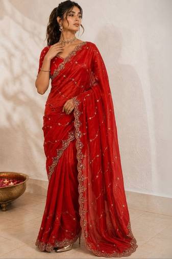 Red embellished sequinned satin saree