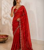Red embellished sequinned satin saree