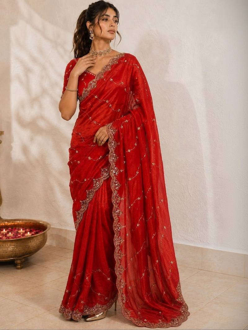 Red embellished sequinned satin saree