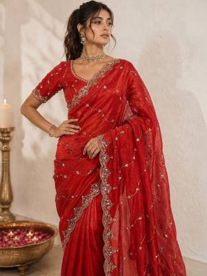 Red embellished sequinned satin saree 2