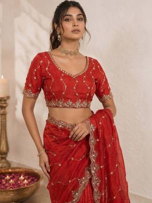 Red embellished sequinned satin saree 3