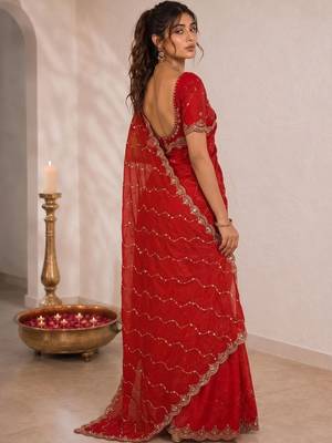 Red embellished sequinned satin saree 4