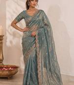 Teal embellished sequinned satin saree