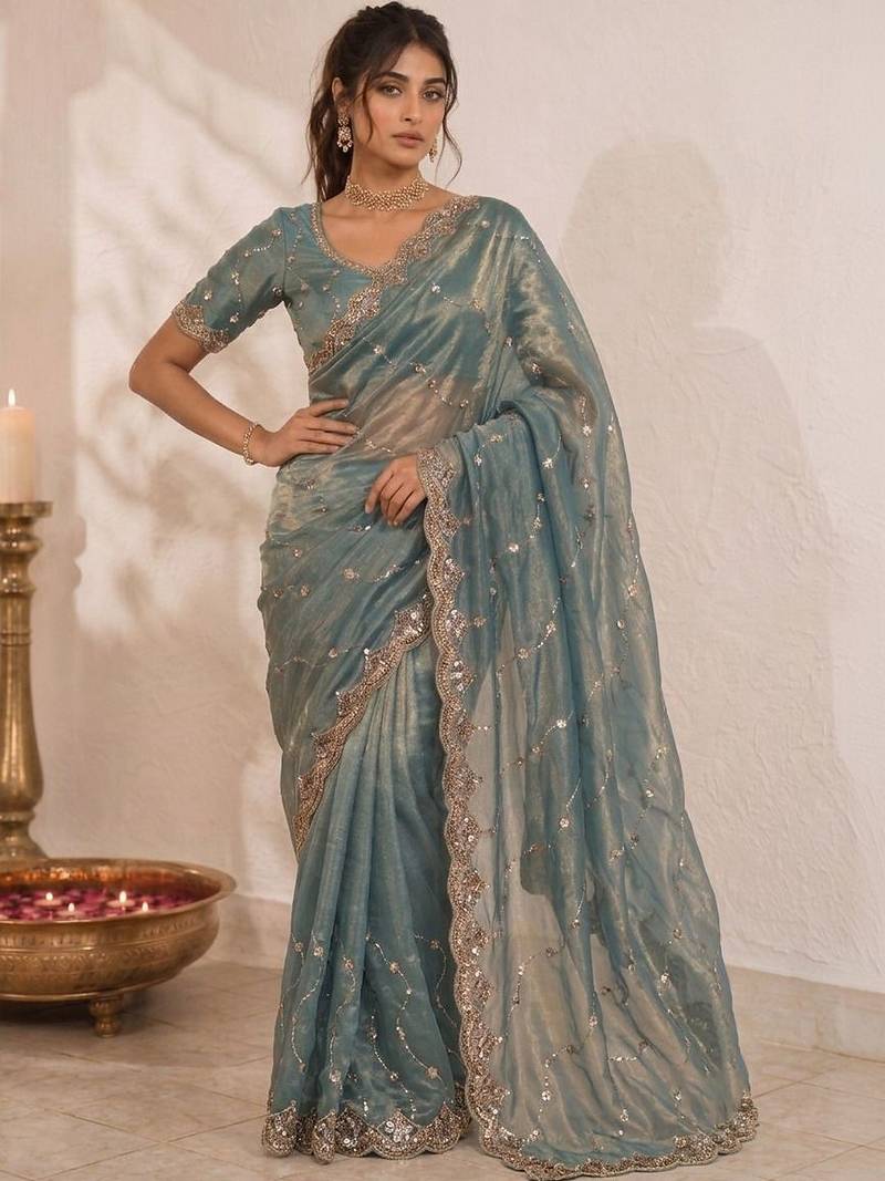 Teal embellished sequinned satin saree