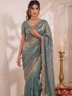 Teal embellished sequinned satin saree 2
