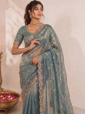 Teal embellished sequinned satin saree 3