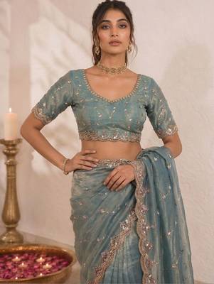 Teal embellished sequinned satin saree 4