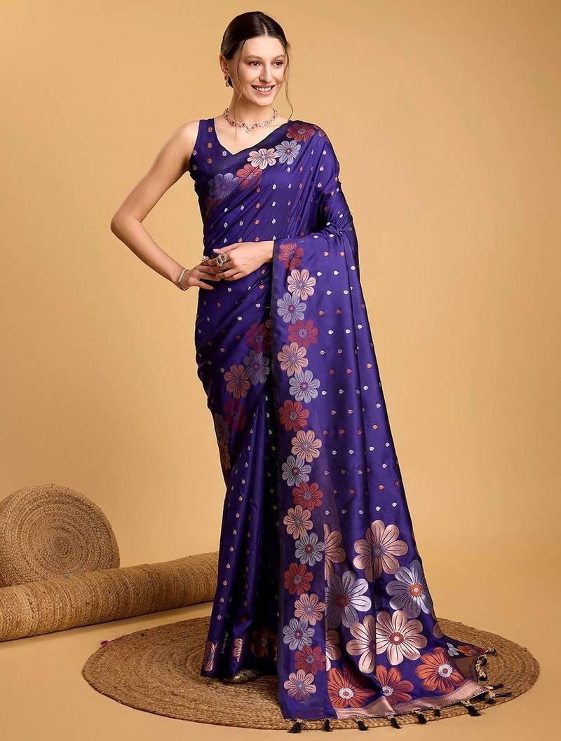 Violet woven embellished art silk banarasi saree with blouse piece