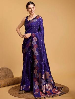 Violet woven embellished art silk banarasi saree with blouse piece 2