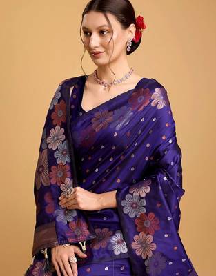 Violet woven embellished art silk banarasi saree with blouse piece 5