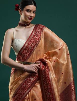 Orange woven design banarasi sarees with blouse piece 2