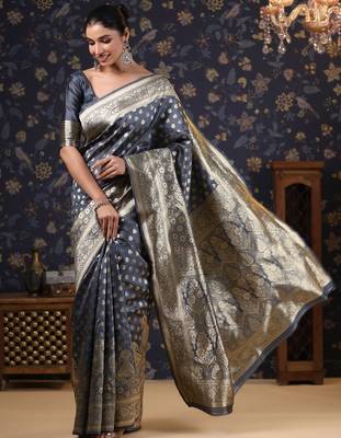 Grey woven design ethnic motifs heavy work banarasi saree 1