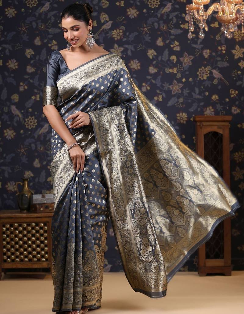 Grey woven design ethnic motifs heavy work banarasi saree