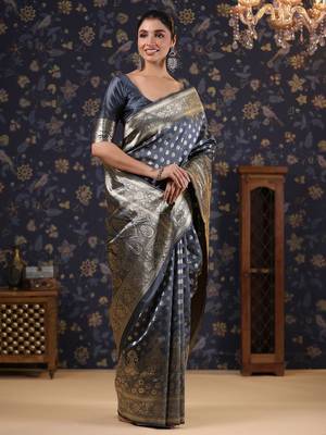 Grey woven design ethnic motifs heavy work banarasi saree 2