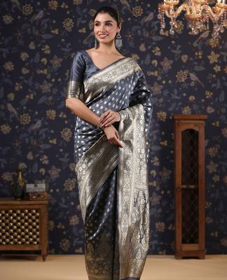 Grey woven design ethnic motifs heavy work banarasi saree 4