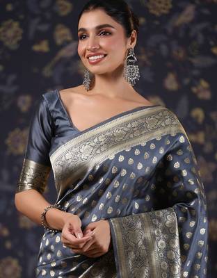 Grey woven design ethnic motifs heavy work banarasi saree 5