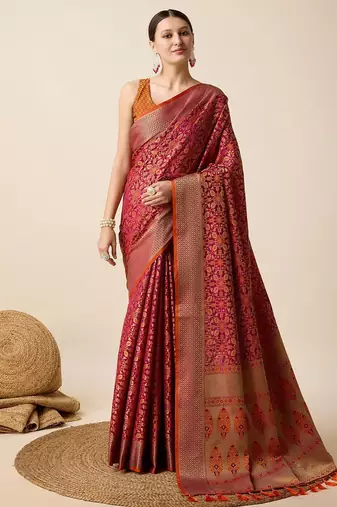 Pink woven design floral patola saree
