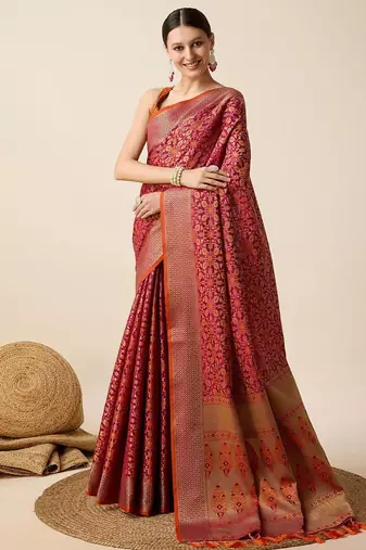 Pink woven design floral patola saree