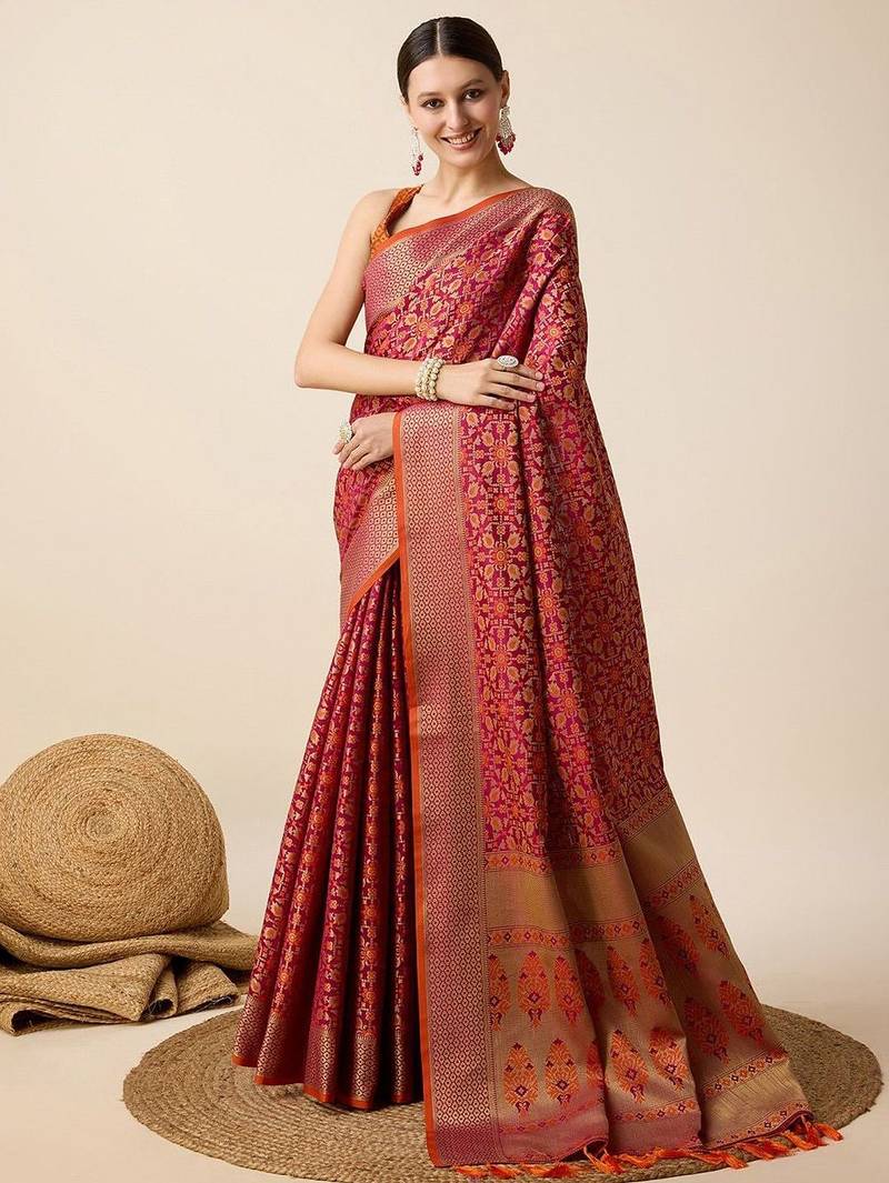 Pink woven design floral patola saree