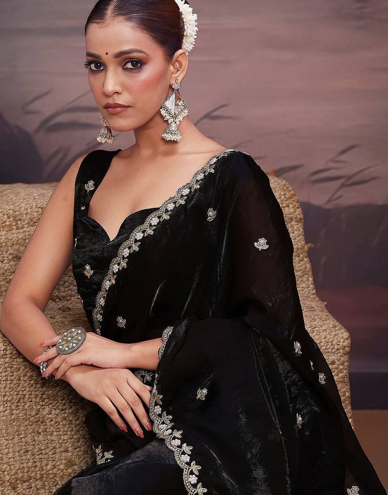 Black embellished saree with unstitched blouse