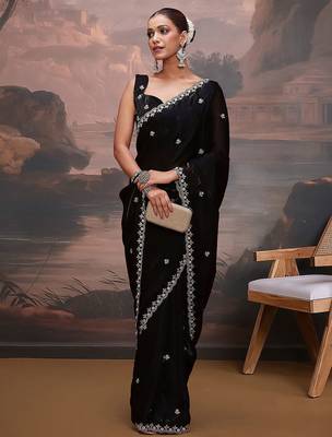 Black embellished saree with unstitched blouse 3