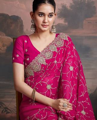 Pink embroidered saree with unstitched blouse 1