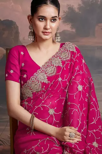 Pink embroidered saree with unstitched blouse