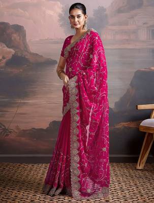 Pink embroidered saree with unstitched blouse 2