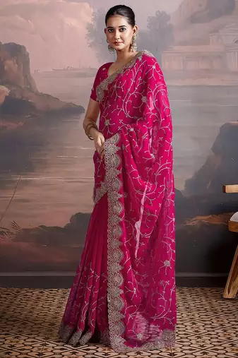 Pink embroidered saree with unstitched blouse