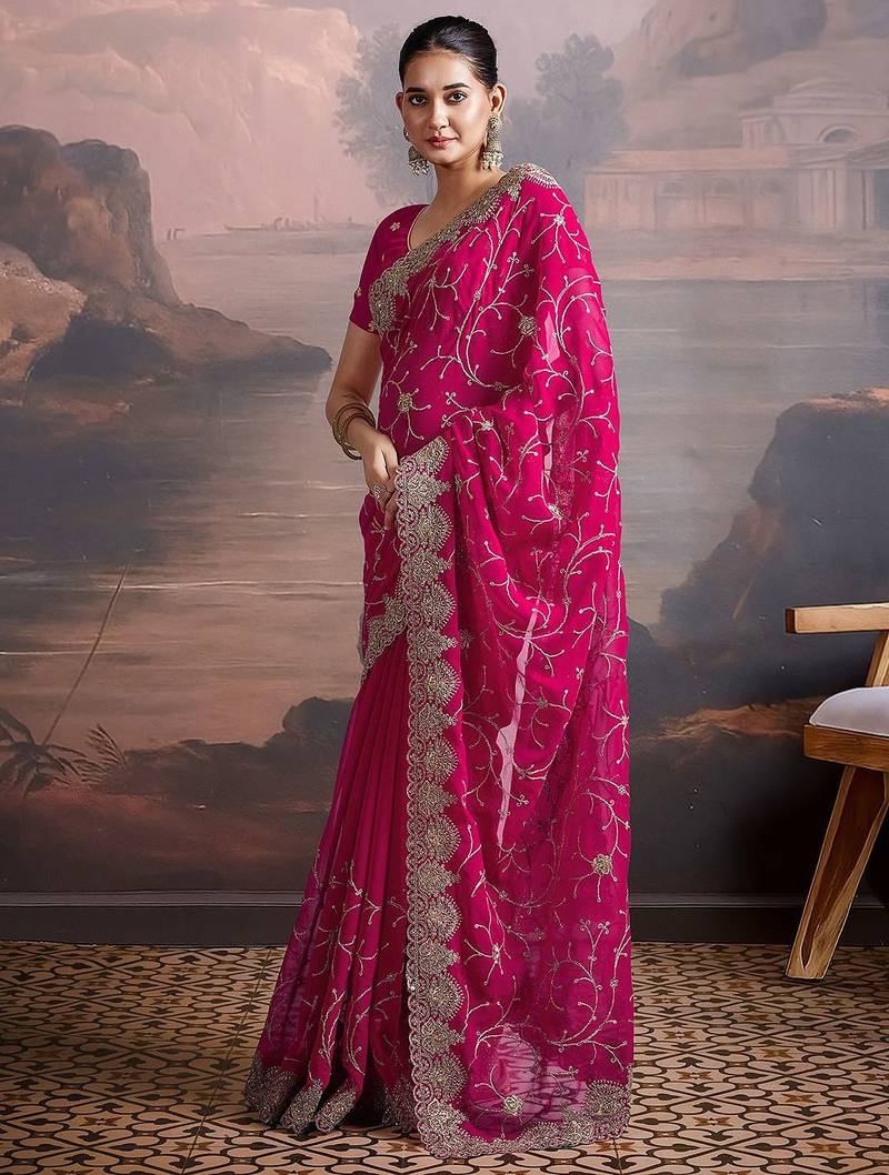 Pink embroidered saree with unstitched blouse