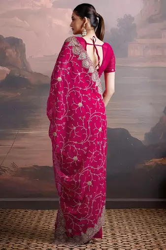 Pink embroidered saree with unstitched blouse