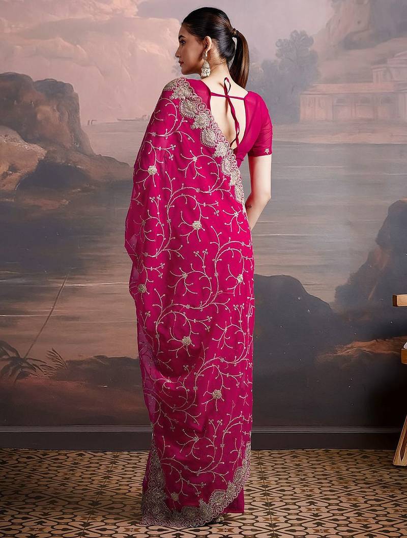 Pink embroidered saree with unstitched blouse