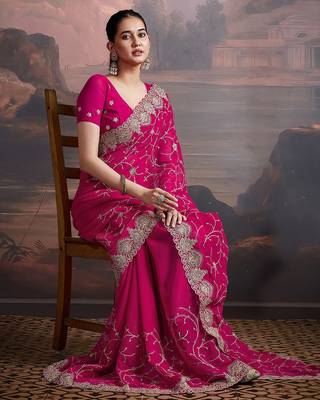 Pink embroidered saree with unstitched blouse 4